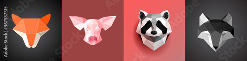 A set of stylized images of animals. Abstract head drawn from geometric shapes. Origami for animal prints on fashion clothes. Predators - Lisa, a wolf, as well as a raccoon and a pig.