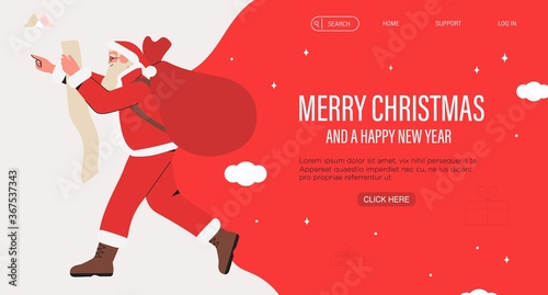 Christmas or New Year celebration flyer. Santa Claus with huge red bag with presents and wish list. Vector illustration for Christmas and New Year posters, web and social media banners, landing page.