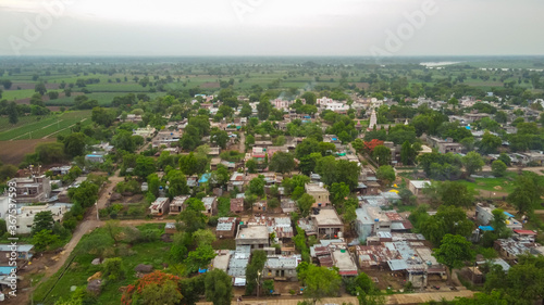 Aerial view of Indian agricultural fields and village