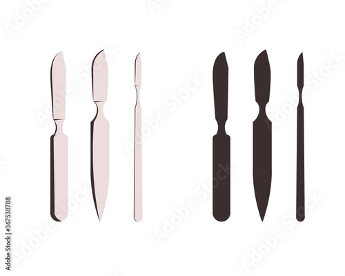 Surgical Scalpels Icons. Medical stencil cutting instrument. Lancet vector illustration.