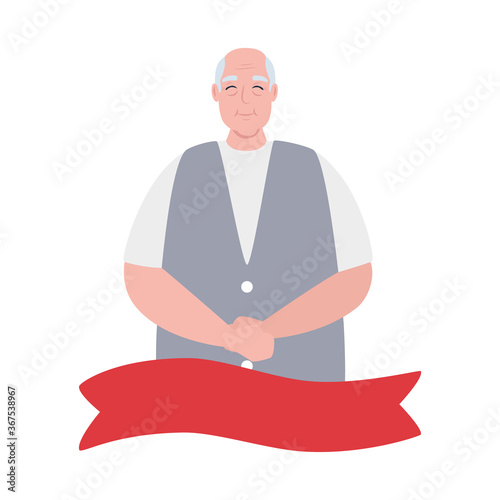 cute old man with ribbon decoration, grandfather with ribbon decoration on white background vector illustration design