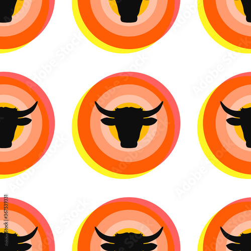 Silhouette head bull in circle. Geometric background. Vector