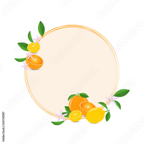 Vector round frame decorated with oranges and lemons with green leaves. Light pink background for text. Good for invitations, congratulations.