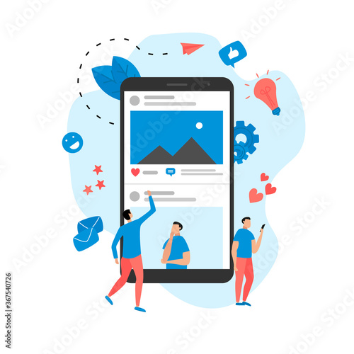 Social media concept with photo content, like and comment. Vector flat illustration