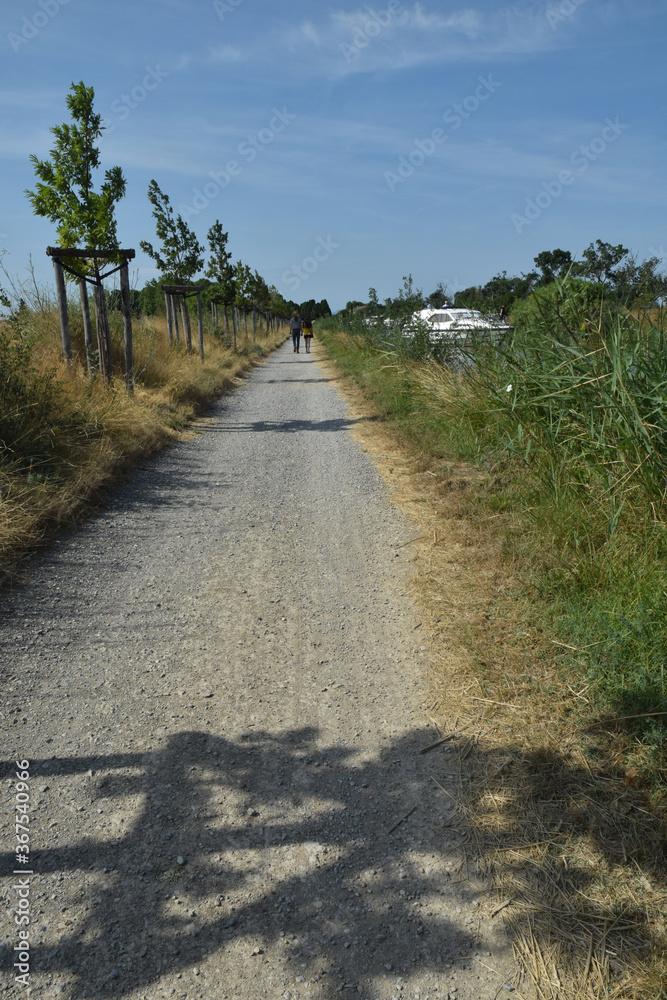 Le Somail chemin de halage sur le canal du Midi, Aude, Languedoc, Occitanie, France.