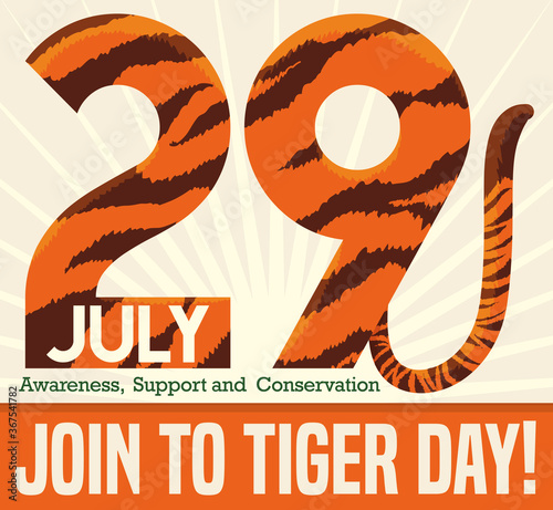 Striped Number Date with Tail Promoting Tiger Day, Vector Illustration