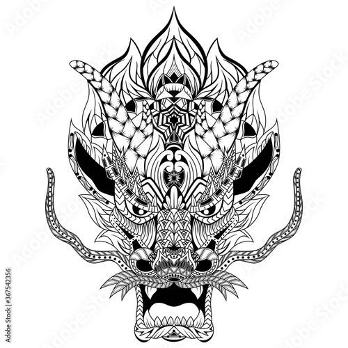 Hand drawn of dragon head in zentangle style