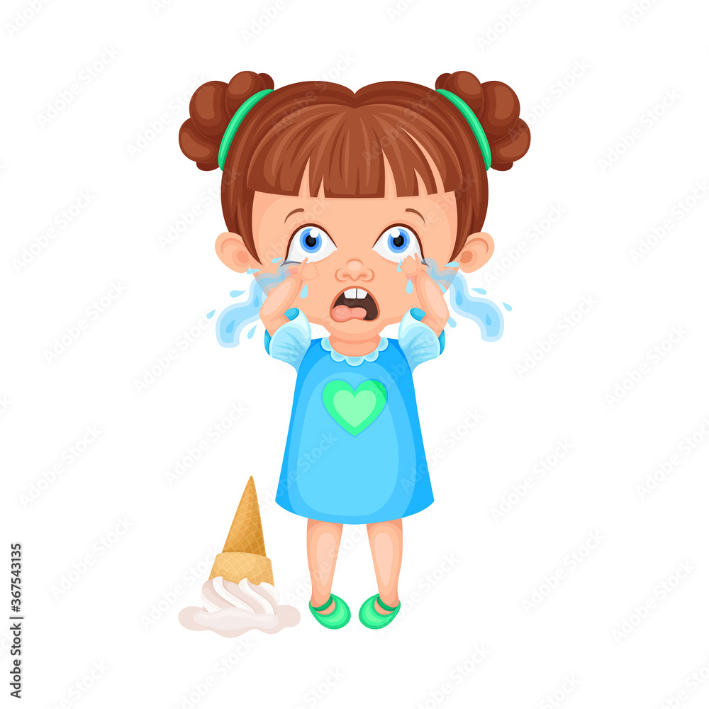 Girl Character Crying Because of Fallen Ice Cream Vector Illustration Girl Character Crying Because of Fallen Ice Cream Vector Illustration