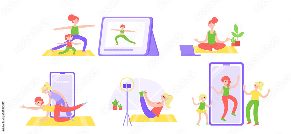 vector set of yoga online with woman doing physical exercises vector set of yoga online with woman doing physical exercises