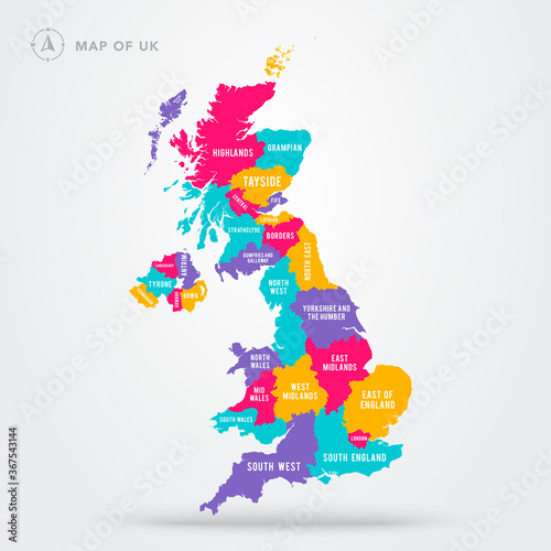 Vector Illustration Colorful Map Of UK United Kingdom With Regions And Names