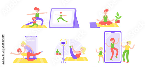 vector set of yoga online with woman doing physical exercises