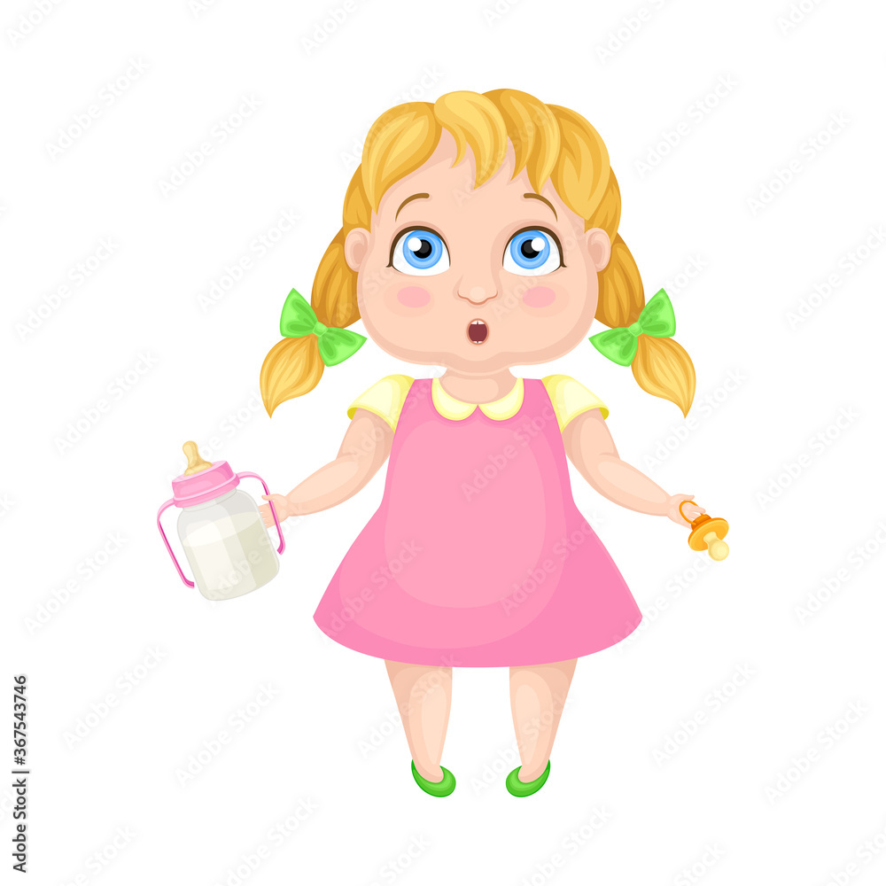 Girl Character with Ponytails Holding Milk Bottle Vector Illustration Girl Character with Ponytails Holding Milk Bottle Vector Illustration