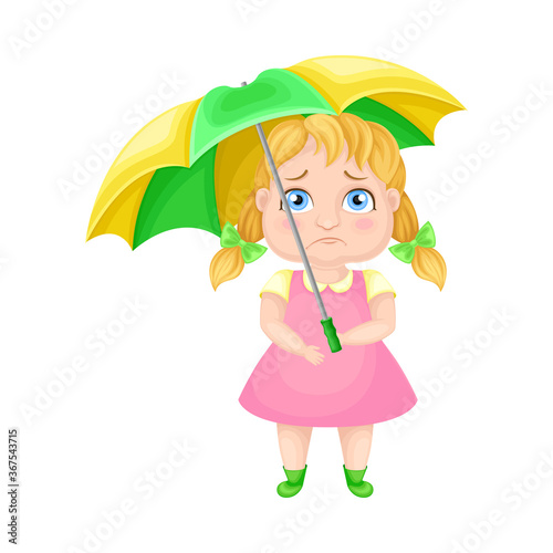 Girl Character with Ponytail Walking with Umbrella Vector Illustration