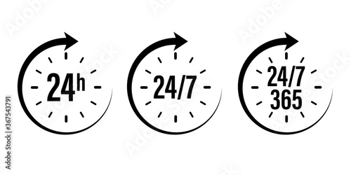 24 7 clock icon vector. day hour open customer support service. call center time assistance 247. online help. round week year sign. contact line design. isolated on white background photo