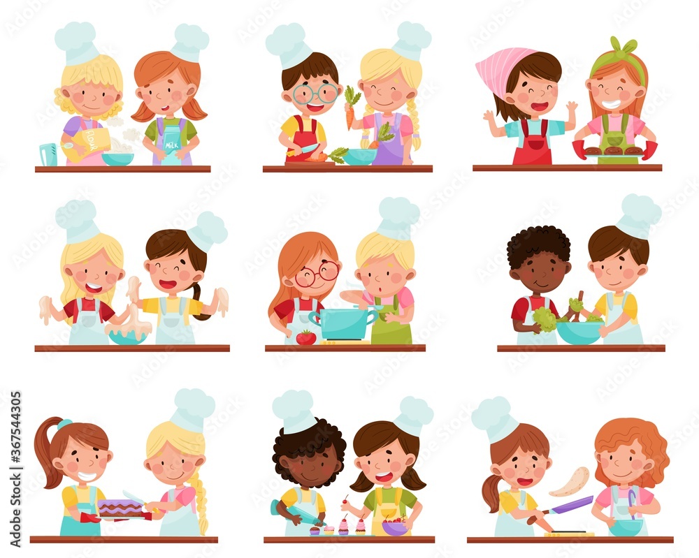 Cute Girl and Boy Chef Characters Wearing Apron and Hat Baking and Making Salad Vector Illustration Set