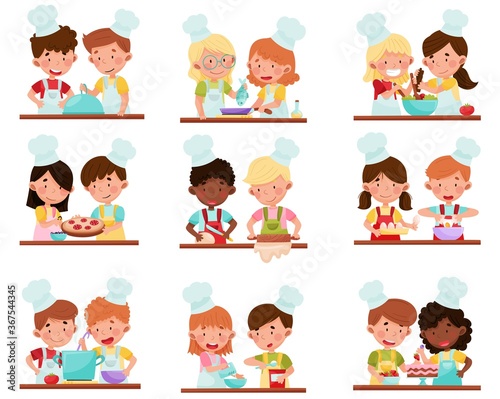 Cute Girl and Boy Chef Characters Wearing Apron and Hat Baking and Making Salad Vector Illustration Set