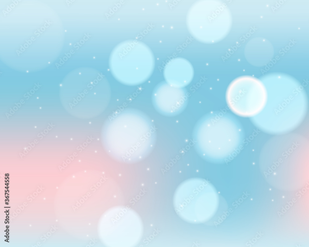 Bokeh style of abstract circles of blur glow spark lights on light blue pink mesh gradient background