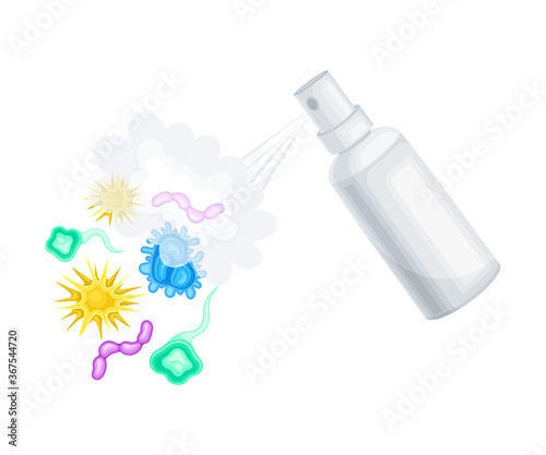 Spraying Detergent Aerosol Bottle Killing Microbes Vector Illustration