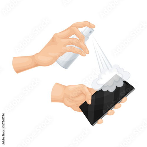 Hand Cleaning Smartphone Screen with Detergent and Disinfectant in Dispenser Bottle Vector Illustration