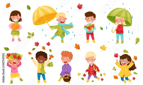 Children Characters Walking with Umbrella, Throwing Autumn Leaves and Picking Mushrooms Vector Illustration Set