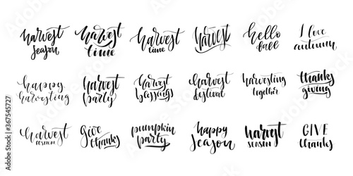 Vector set of isolated handwritten calligraphy logo of Harvest for decoration and covering on the white background. Concept of happy harvest season and festival.