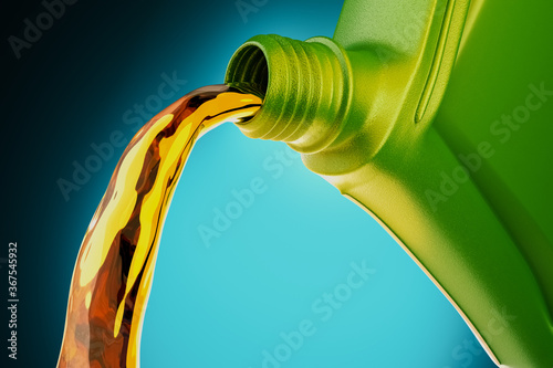 3d rendering of pouring engine oil lubricant from the green bottle on dark blue background.