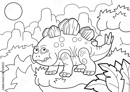 cartoon prehistoric stegosaurus dinosaur, coloring book, funny illustration
