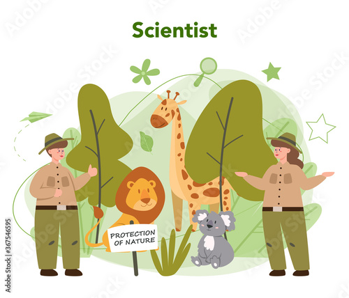 Zoologist concept. Scientist exploring and studying fauna. Wild animal