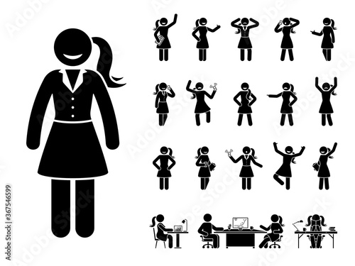Stick figure office woman different poses, emotions face design vector icon set. Happy, sad, surprised, amazed, angry, standing, sitting stickman lady person on white