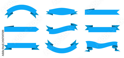 Ribbon and banner. Design label for sale. Vintage badge for text. Graphic tag for web. Set of blue icons for decorative background. Modern shapes for premium style on sales. Paper emblems. Vector