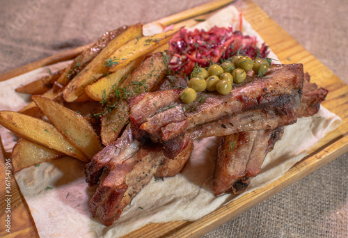 Photography Deliciously cooked pork ribs. Prague ribs