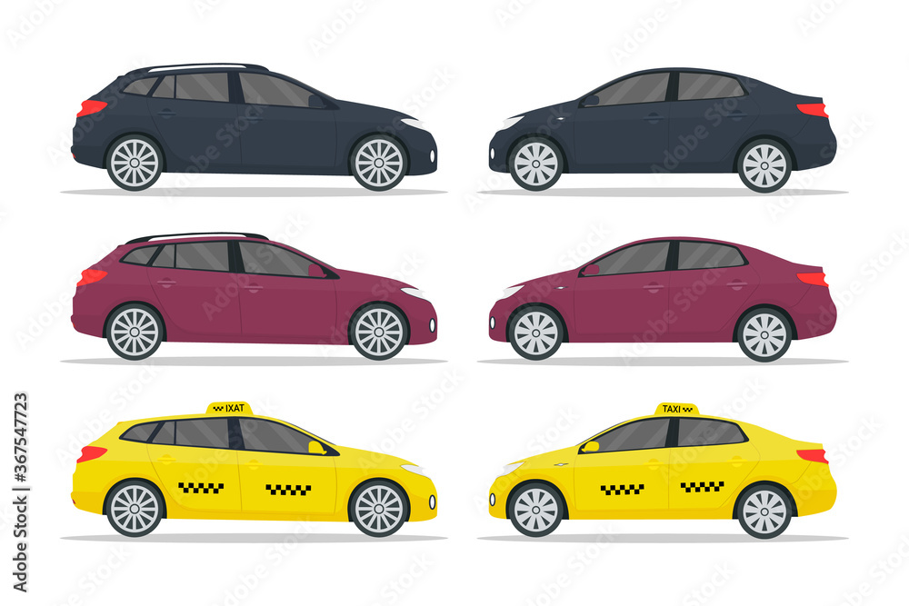 Car taxi. Sedan, hatchback, cab, suv. Luxury auto mockup in side. Realistic vehicle isolated on white background. Top branding automobile for traffic, family and travel. Yellow car taxi. Vector