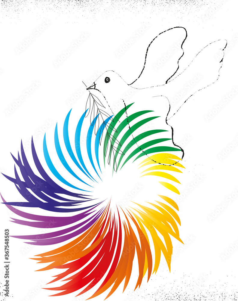 Friedenstaube mit Olivenzweig und Wirbel aus Regenbogenfarben als