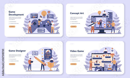 Game development web banner or landing page set. Creative process