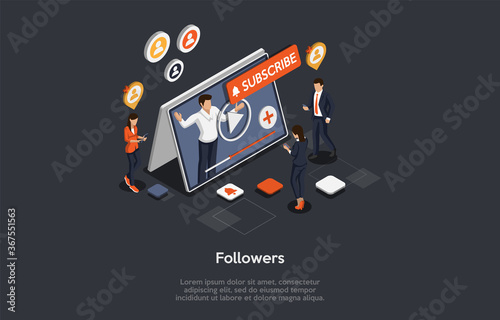 Audience Influence, Social Opinion Leader And Media Influencer Creative. Influencer Man Leader, Speaker Leads People Followers In Social Media By Internet Marketing. Isometric 3D Vector Illustration