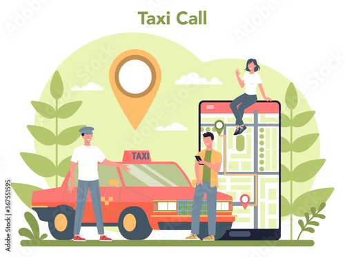 Taxi service concept. Yellow taxi car. Automobile cab with driver inside.