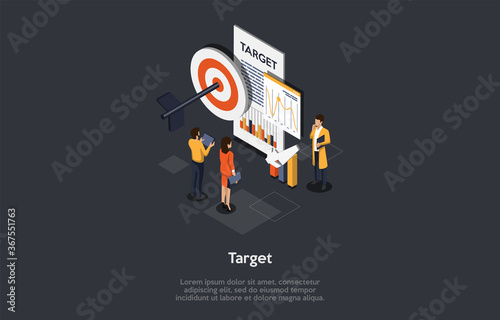 Digital Marketing With Big Target And Arrow. Characters Searching Trends, Strategies And Product Promotion Possibilities. People Meet Business Goals In Advertising. Isometric 3D Vector Illustration