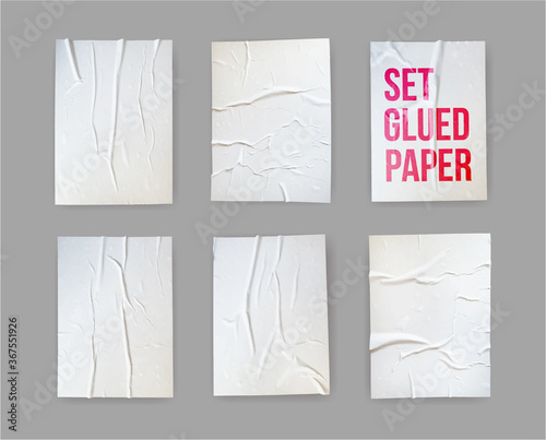Set of glued paper wrinkled effect. Badly wet glued paper or gray adhesive foil with crumpled and creased wrinkled texture. Realistic background. Vector illustration. Isolated on white background.