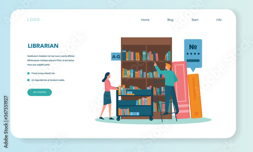 Librarian web banner or landing page. Library staff holding