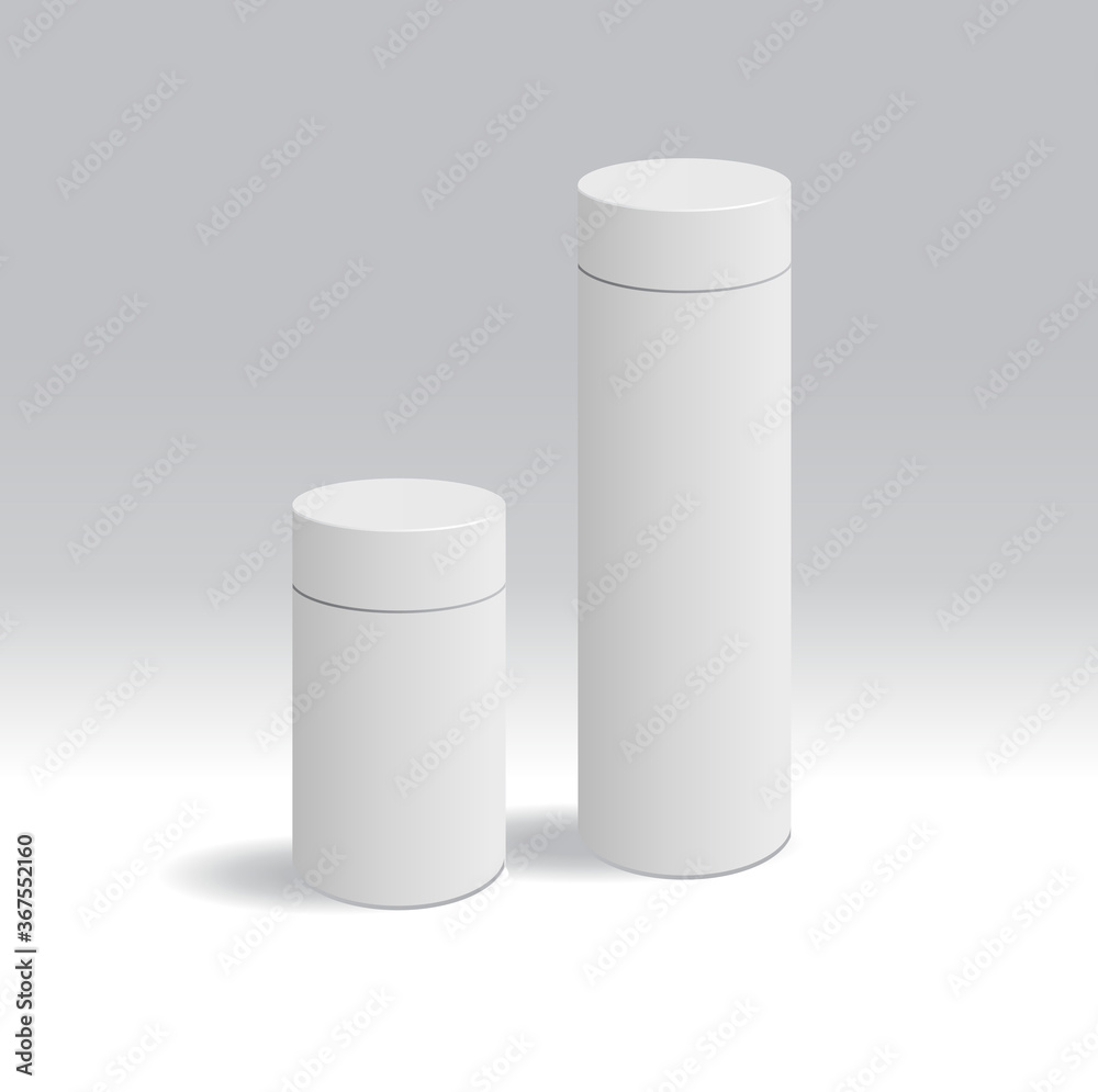 Cylindrical packaging mockup in two sizes for medical and cosmetic products.3D illustration with shadow Cylindrical packaging mockup in two sizes for medical and cosmetic products.3D illustration with shadow
