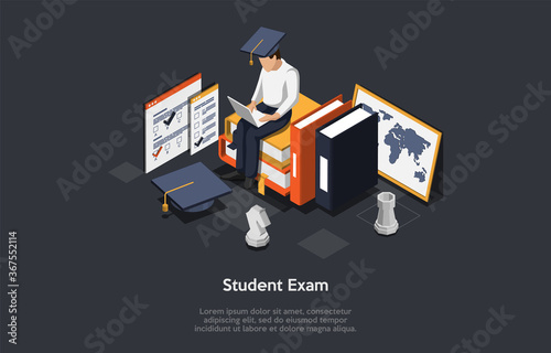 Online Exam, Questionnaire Form Concept. Student In Uniform And Academic Hat Sitting On Stacks Of Books And Typing On Laptop. Remote Exam, Distant Online Education. Isometric 3D Vector Illustration