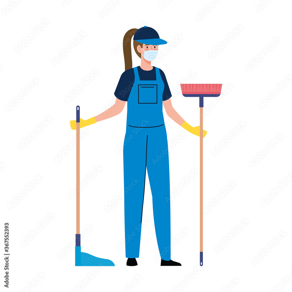 woman worker of cleaning service wearing medical mask, with broom and housekeeping picker, on white background vector illustration design woman worker of cleaning service wearing medical mask, with broom and housekeeping picker, on white background vector illustration design