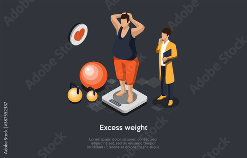 Concept Of Diet, Health Care And Loss Weight. Man With Excess Weight Is Standing On Scales. Dietitian Is Preparing Nutrition And Exercise Program For Losing Weight. Isometric 3D Vector Illustration