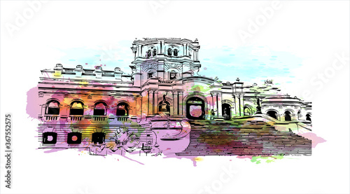 Building view with landmark of Agartala is the capital city of Tripura, a northeast Indian state. Watercolor splash with hand drawn sketch illustration in vector. photo