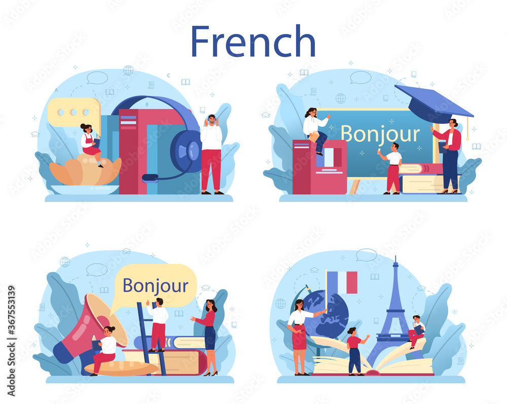 French learning concept set. Language school french course. Study