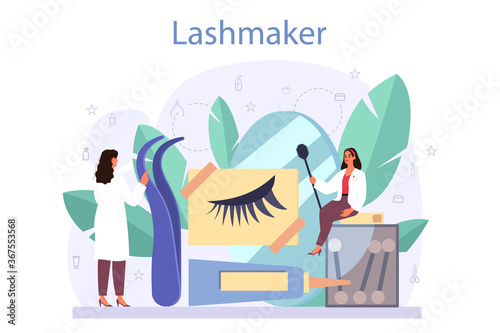 Lashmaker concept. Beauty center procedur. Female character puting photo