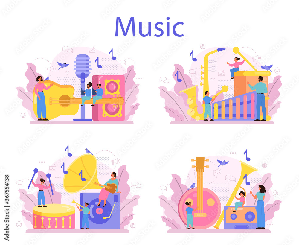 Musician and music course set. Young performer playing music