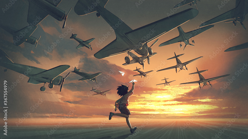 the boy plays paper airplanes and looking at planes flying in the sunset sky, digital art style, illustration painting - obrazy, fototapety, plakaty 