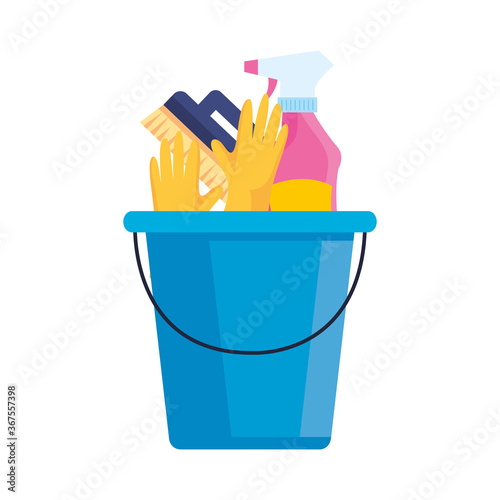 cleaning service, bucket with cleaning tools, on white background vector illustration design