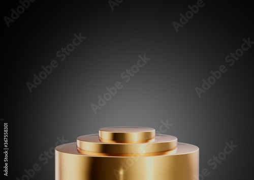 Golden or gold product display or showcase pedestal on simple background with cylinder stand concept. Golden studio podium or platform product template. 3D rendering